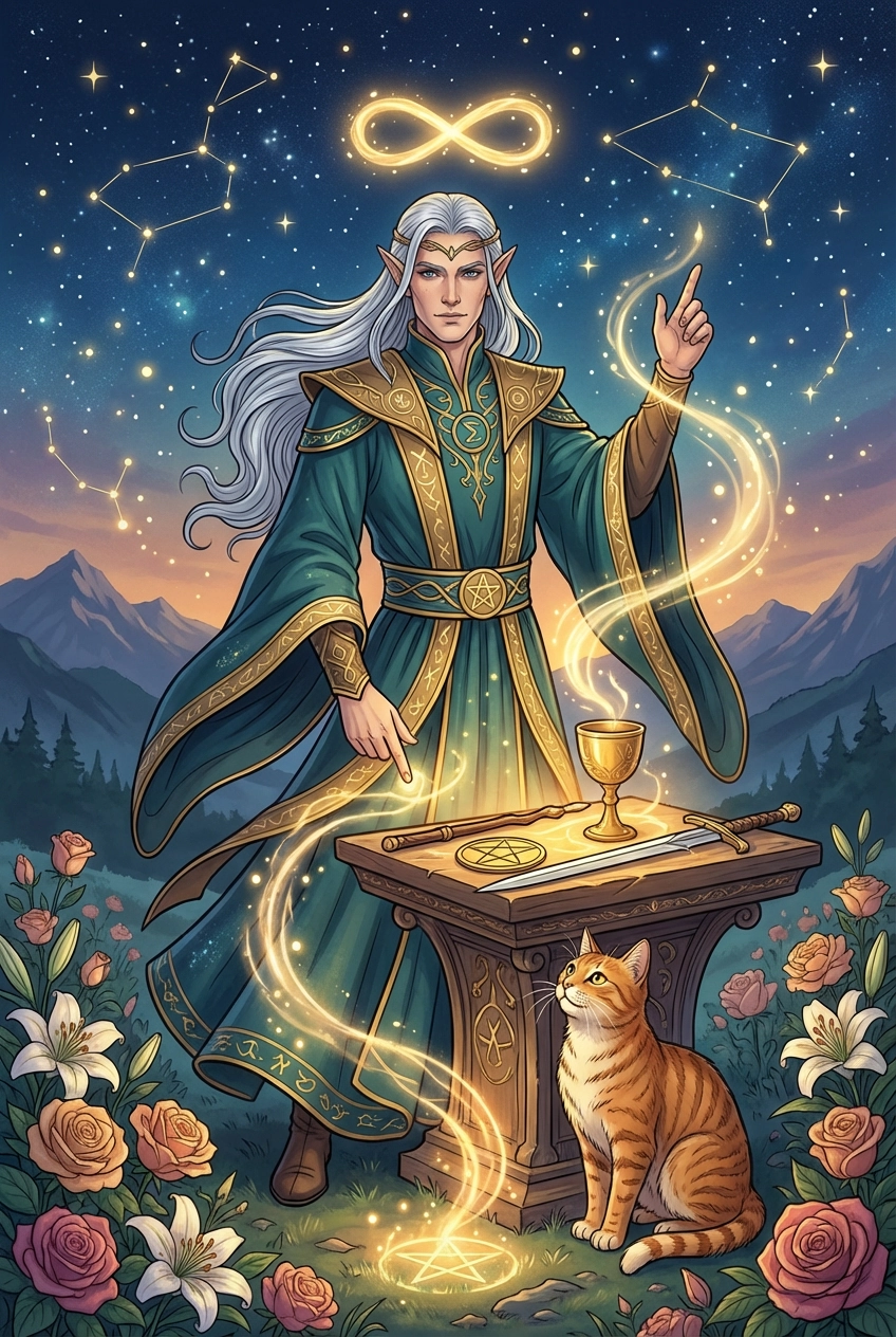 Tarotkarte Der Magier — Große Arkana, gemalt als Elfenwelt