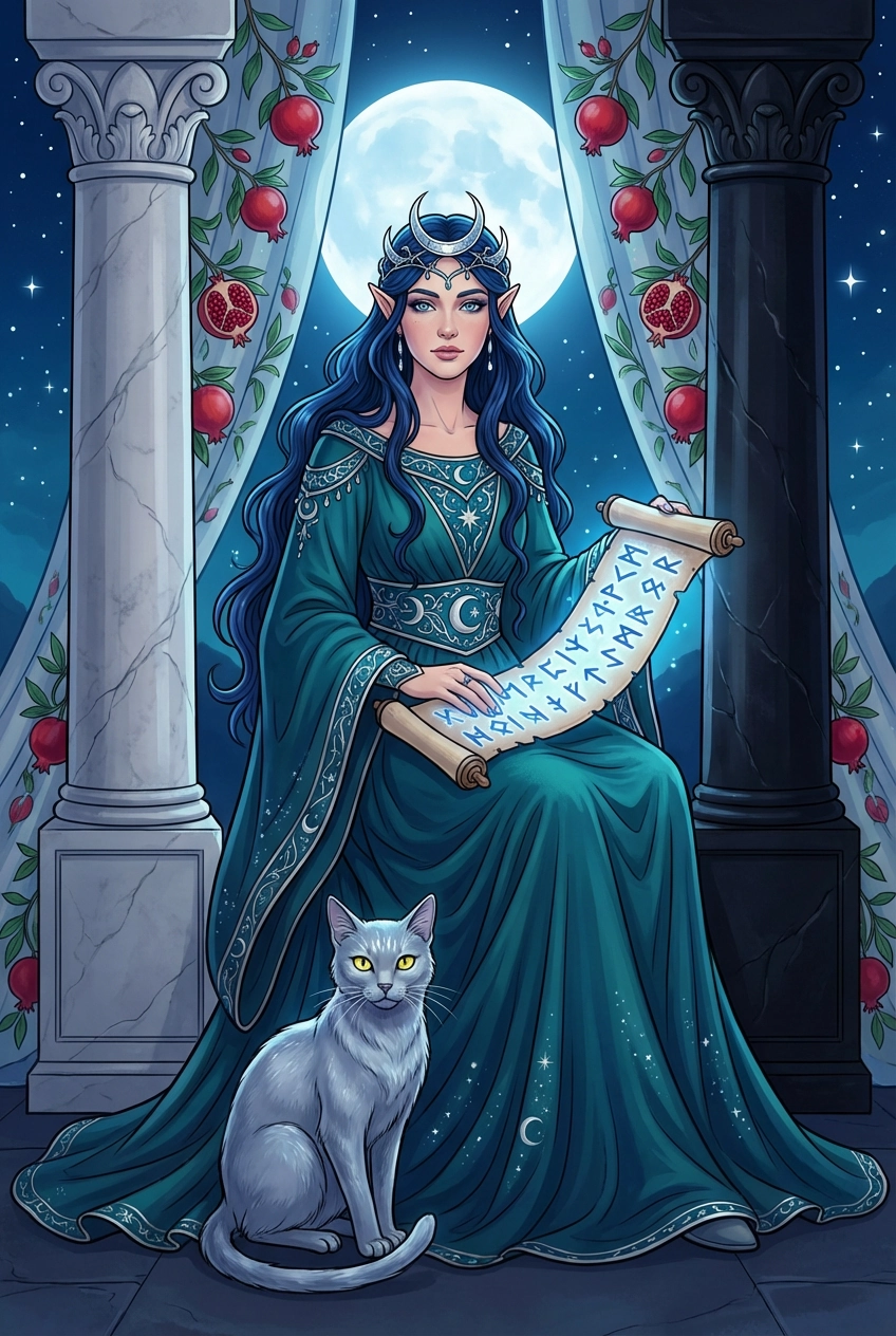 Tarotkarte Die Hohepriesterin — eine stille Figur zwischen zwei Säulen vor einem Schleier