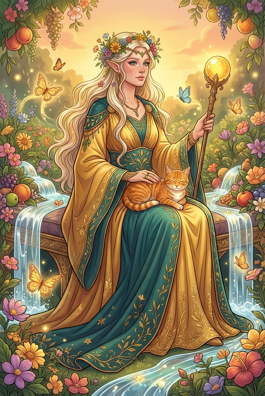 Tarotkarte Die Herrscherin — Große Arkana, gemalt als Elfenwelt