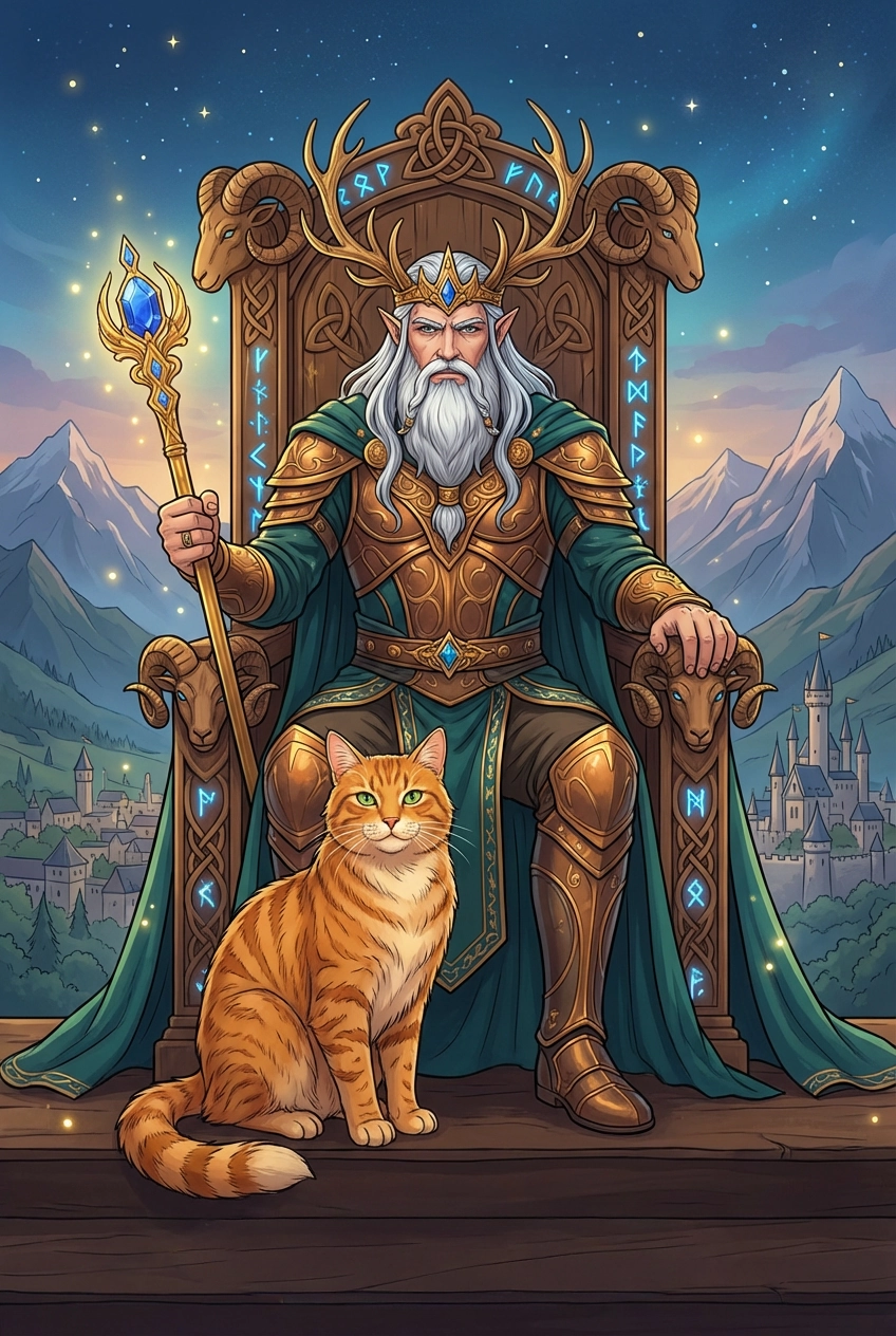 Tarotkarte Der Herrscher — Große Arkana, gemalt als Elfenwelt