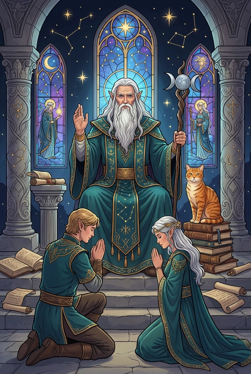 Tarotkarte Der Hierophant — Große Arkana, gemalt als Elfenwelt