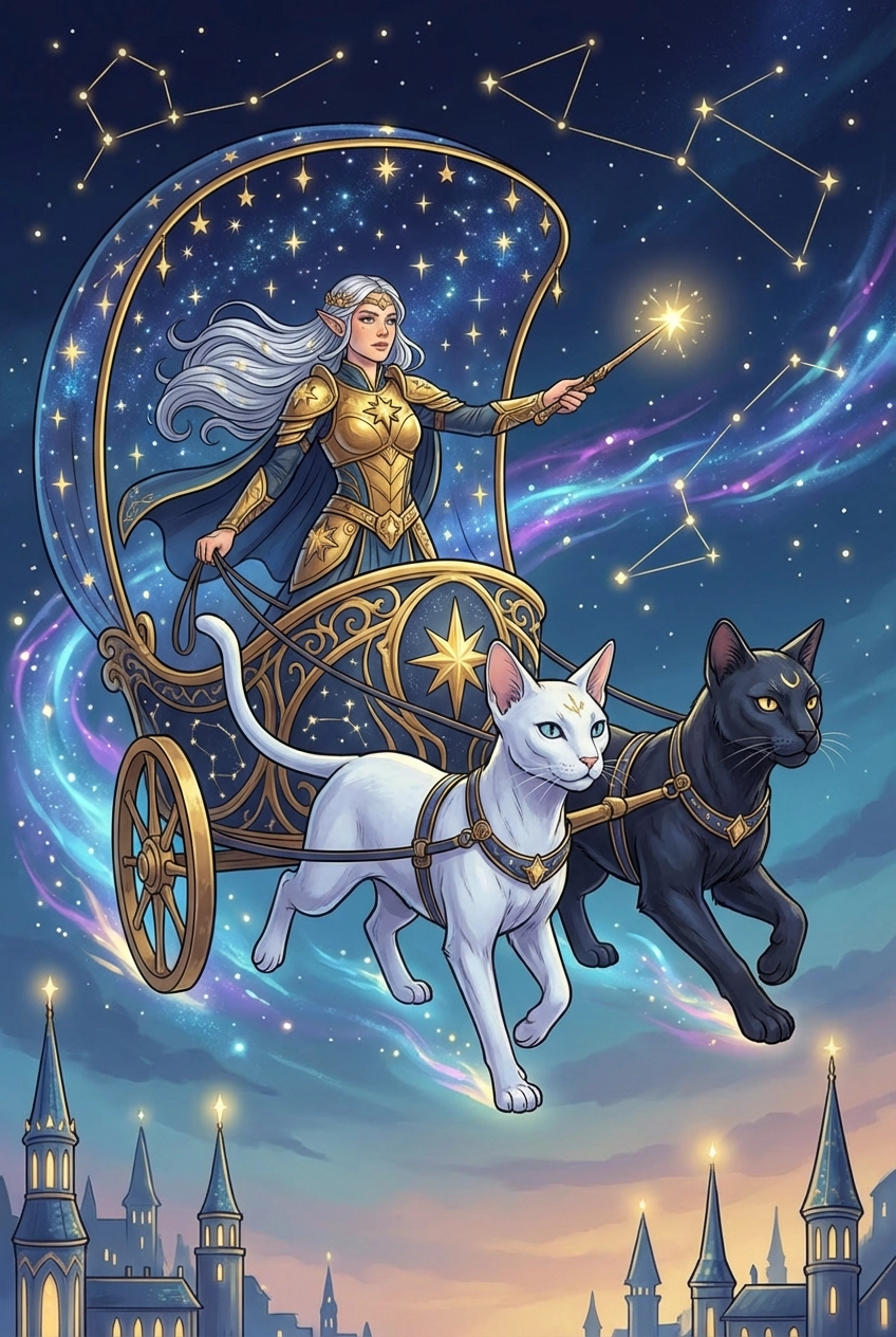 Tarotkarte Der Wagen — Große Arkana, gemalt als Elfenwelt