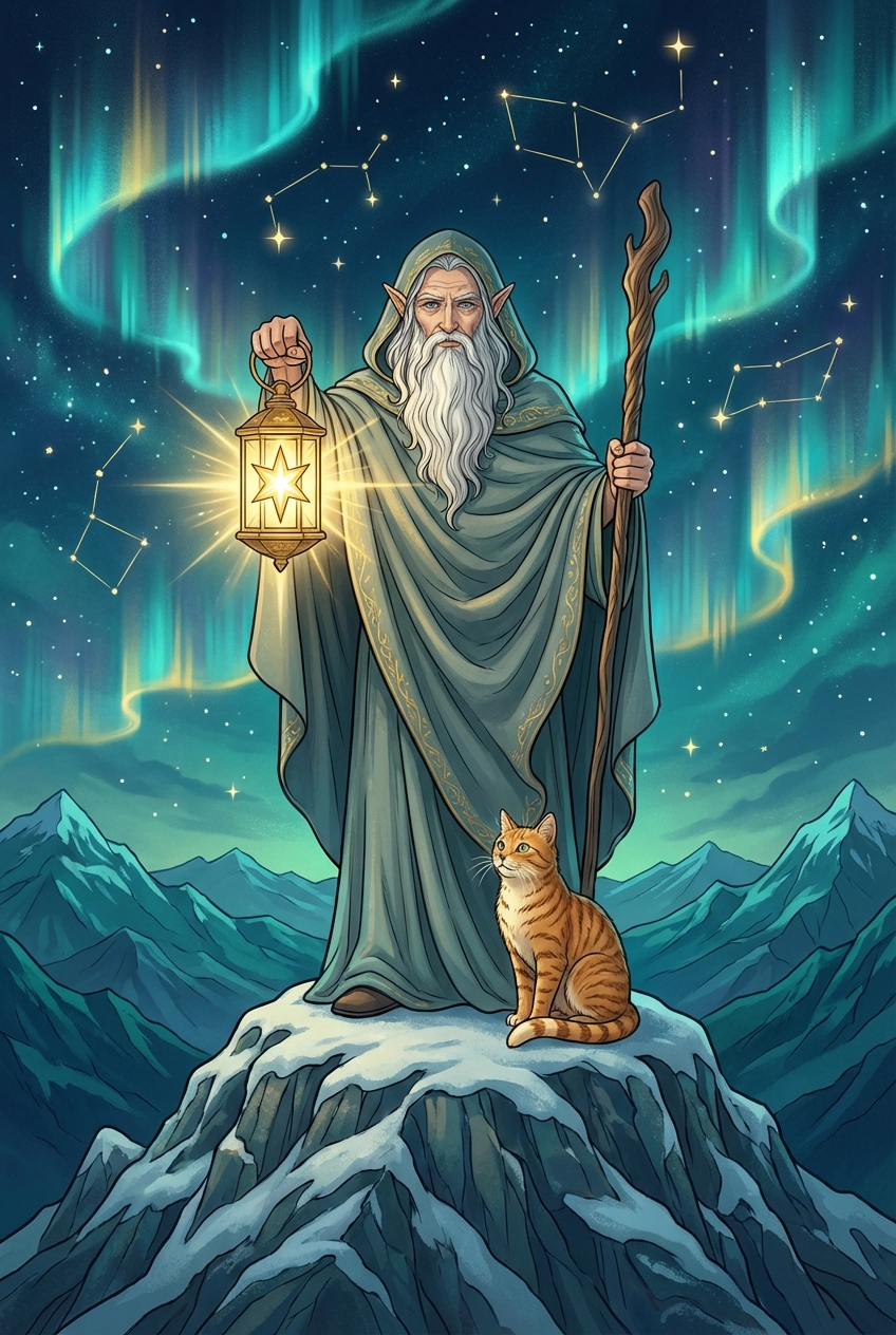 Tarotkarte Der Eremit — Große Arkana, gemalt als Elfenwelt
