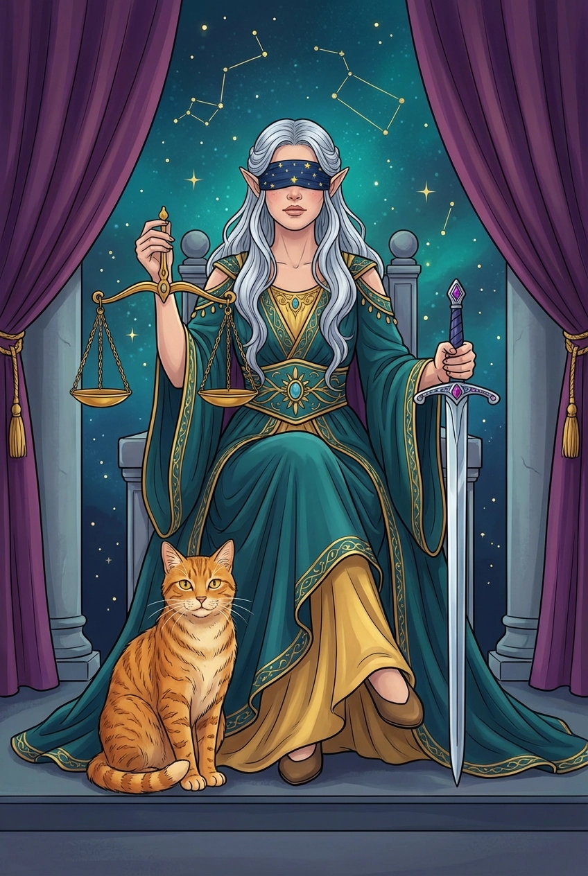 Tarotkarte Die Gerechtigkeit — Große Arkana, gemalt als Elfenwelt