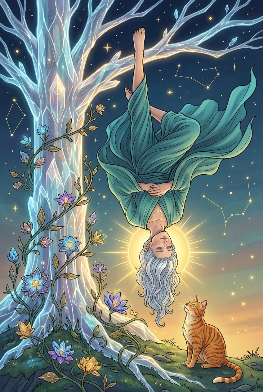 Tarotkarte Der Gehängte — Große Arkana, gemalt als Elfenwelt