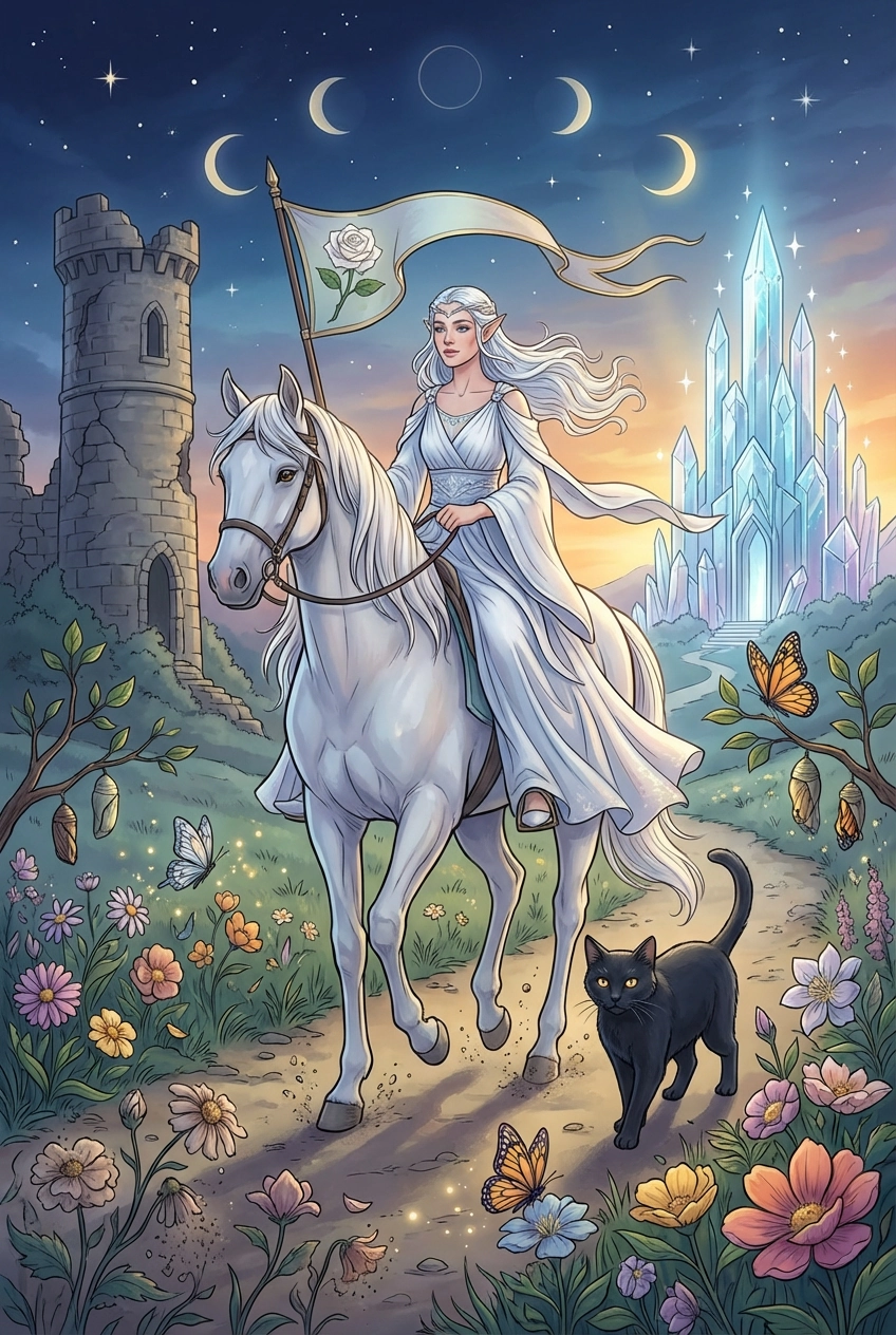 Tarotkarte Der Tod — Große Arkana, gemalt als Elfenwelt