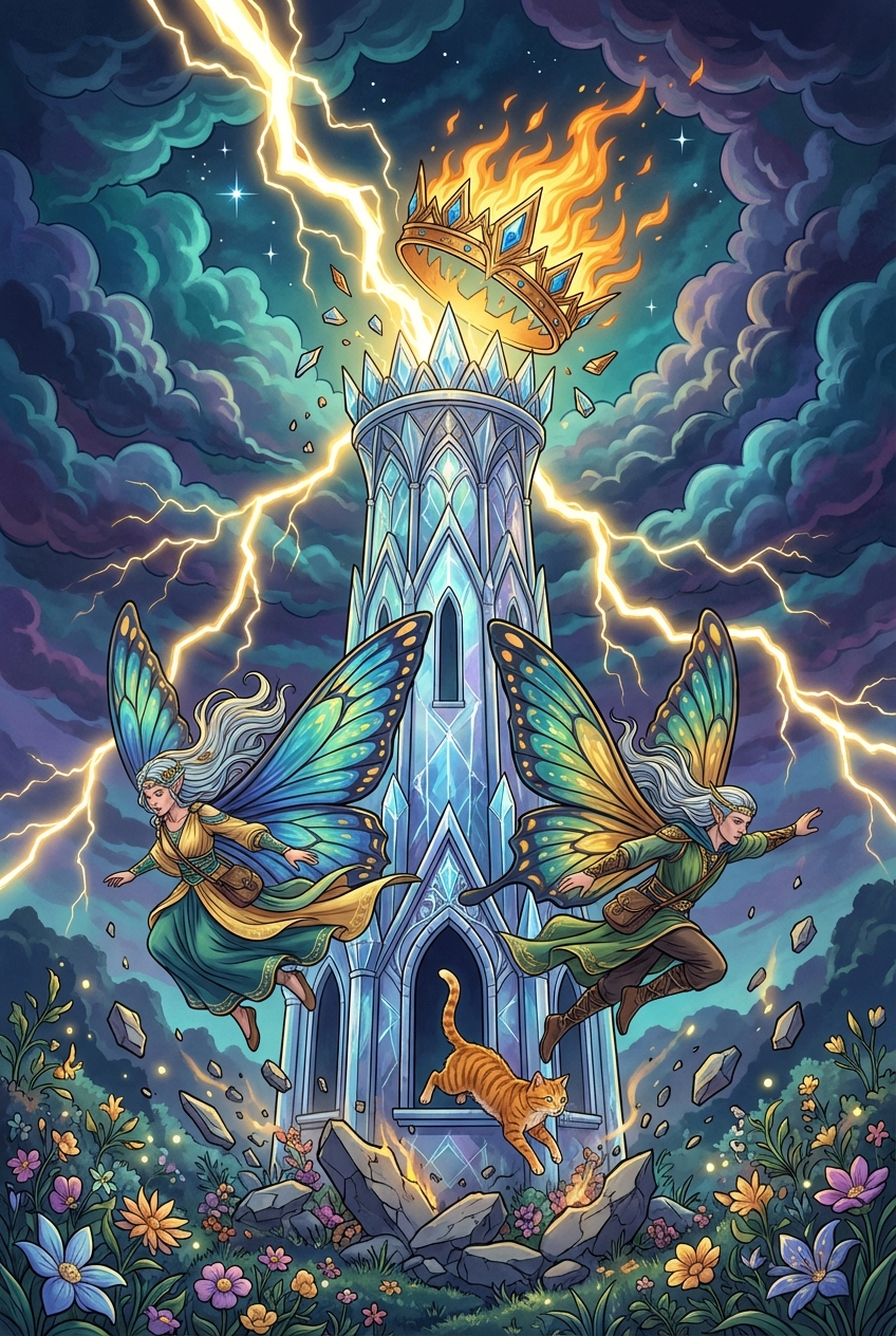 Tarotkarte Der Turm — Große Arkana, gemalt als Elfenwelt