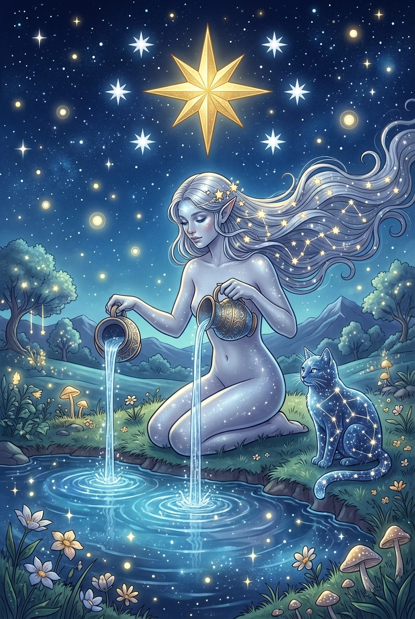 Tarotkarte Der Stern — eine Figur, die Wasser unter einem großen Stern gießt
