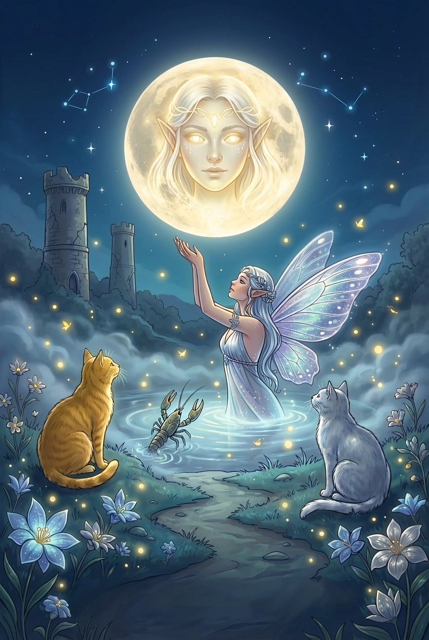 Tarotkarte Der Mond — ein Mond über einem Weg zwischen zwei Türmen