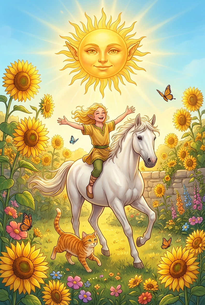 Tarotkarte Die Sonne — eine strahlende Sonne über einer warmen Szene