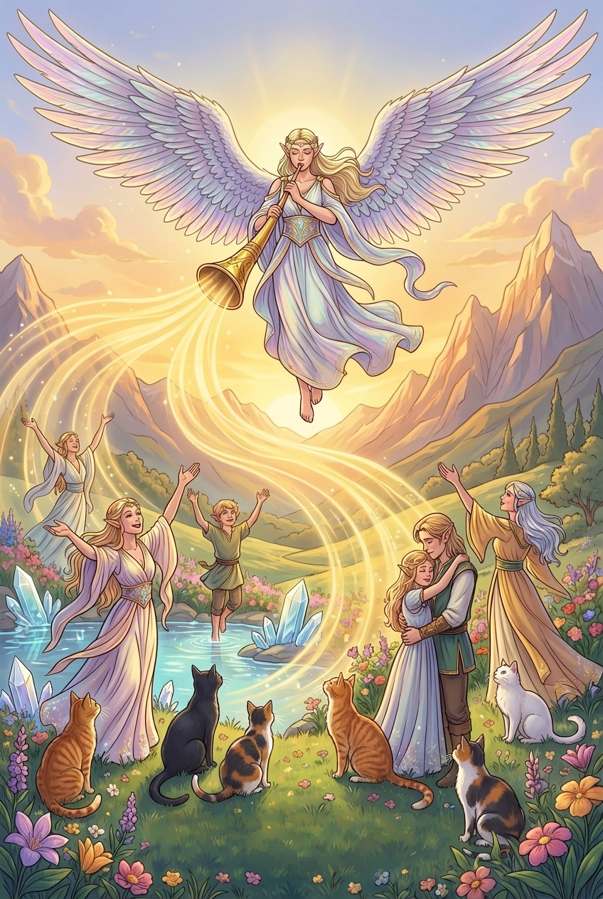 Tarotkarte Das Gericht — Große Arkana, gemalt als Elfenwelt