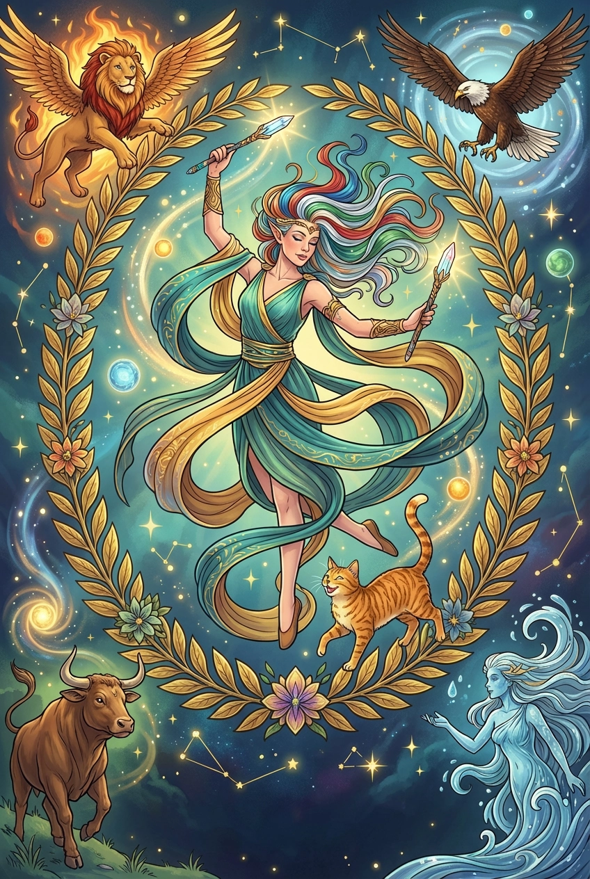 Tarotkarte Die Welt — eine Figur in einem Kranz, umgeben von den vier Zeichen