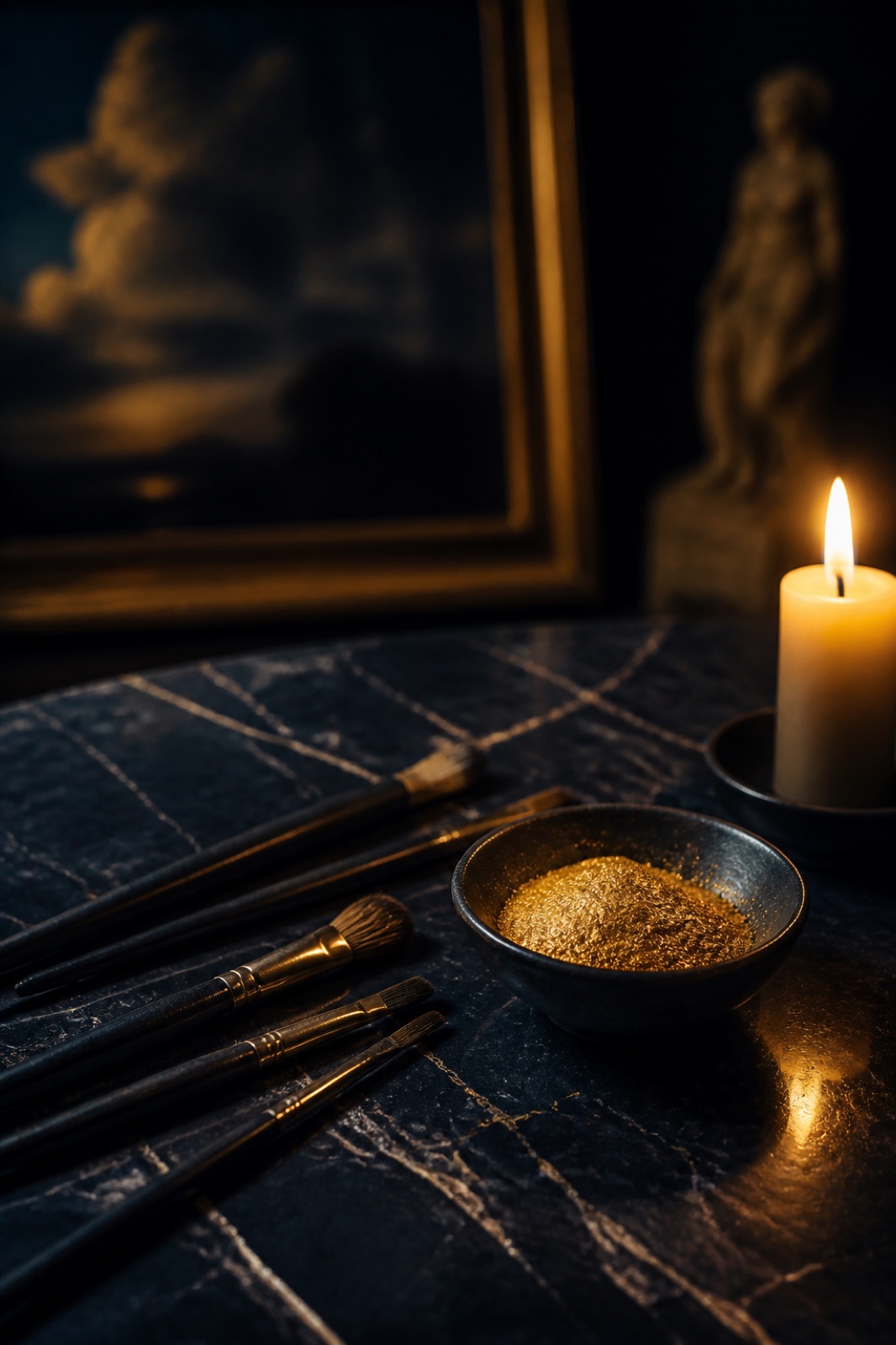 Stillleben im Atelier: Pinsel, Pigmente und Leinwand im warmen Licht einer Nachtkerze