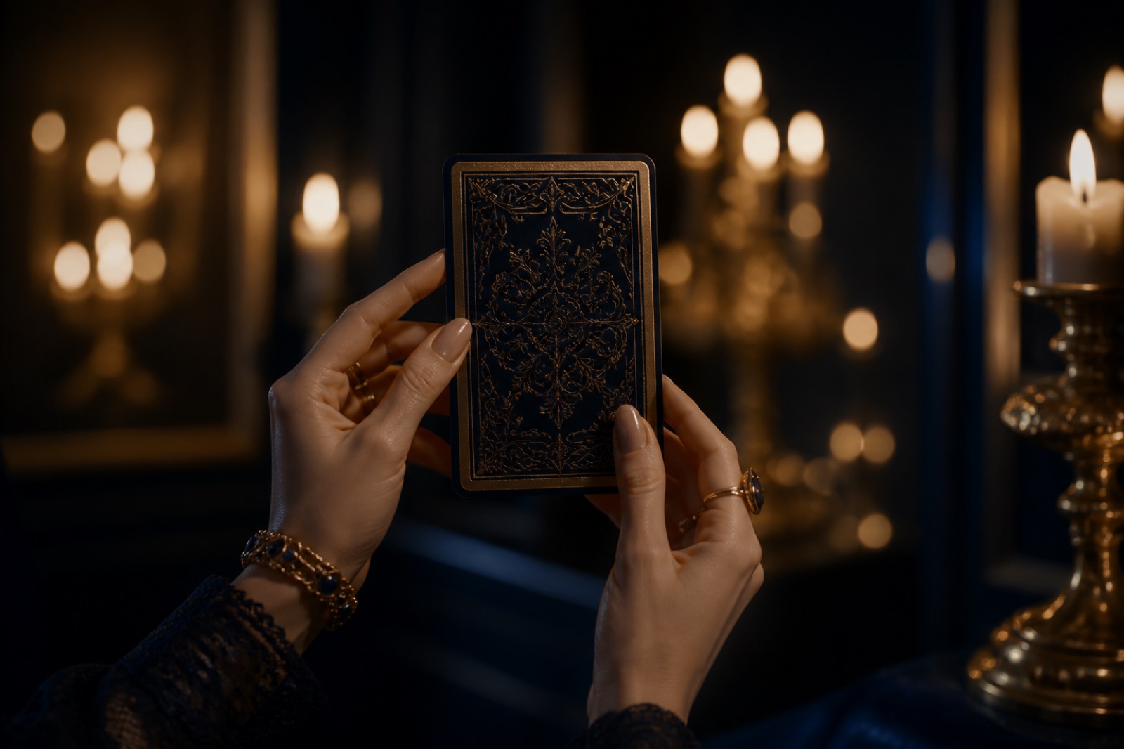 Hände, die bei Kerzenlicht eine Tarotkarte über einen dunklen Tisch halten