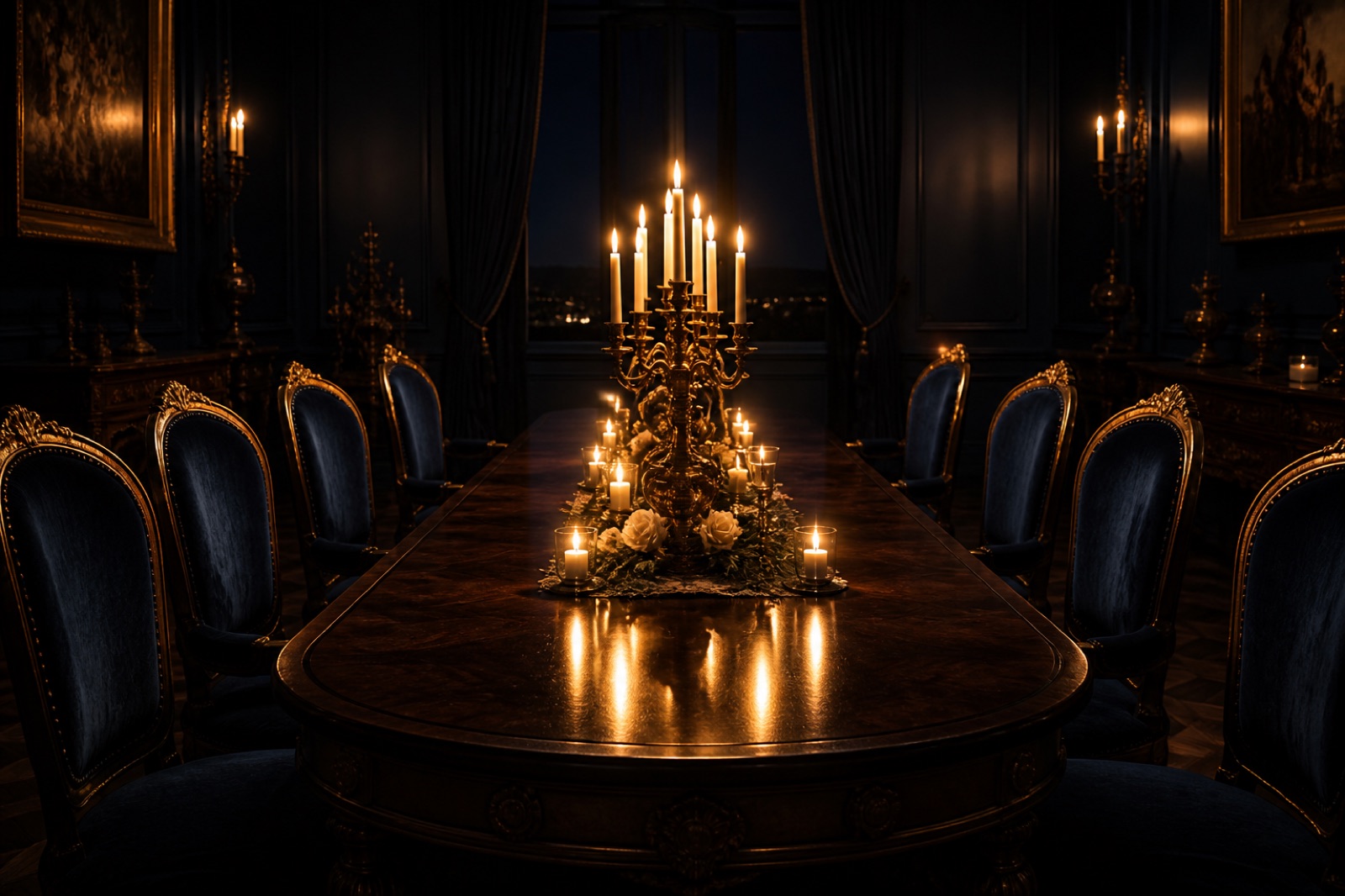 Lange, kerzenbeleuchtete Tafel in einem nächtlichen Salon, gedeckt für einen kleinen Kreis