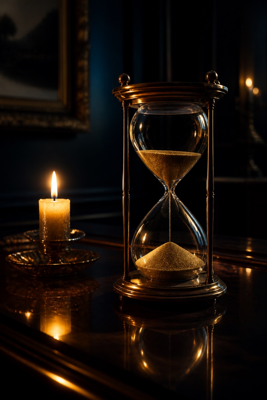 Eine Sanduhr mit golden schimmerndem Sand auf dunklem Holz